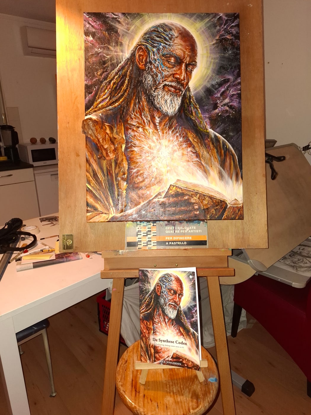 Het oorspronkelijke schilderij van Sylvester van den Hengel met De Synthese Codex ervoor op een ezel.